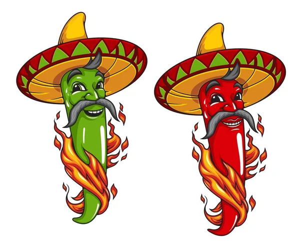 Mexikanische Jalapeño Oder Chili Pfeffer Vektor Figur Sombrero Mit Feuerflammen — Stockvektor