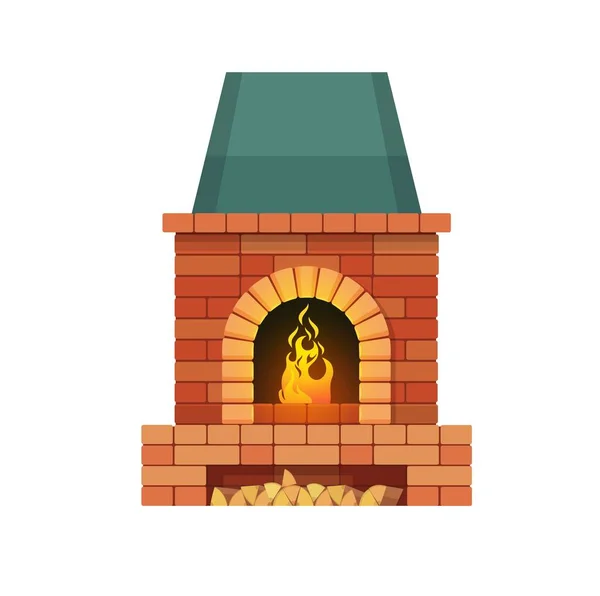 Chimenea Ladrillo Con Leña Fuego Ardiente Vector Estilo Tradicional Interiores — Archivo Imágenes Vectoriales