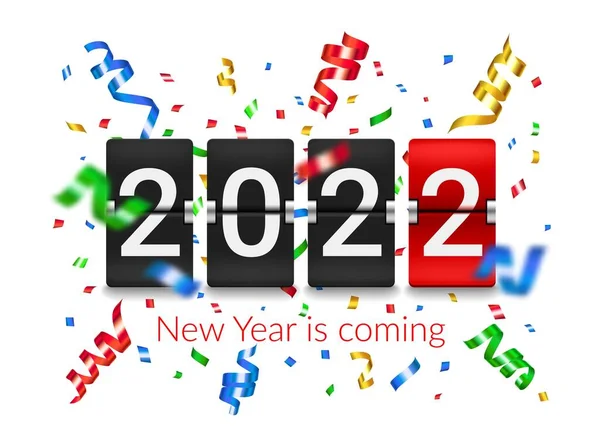 2022年コンフェッティ爆発でカウントダウンカウンターボードを反転します 新しい年末年始のお祝いパーティー現実的なベクトルの背景で飛んでConfetti箔ピースとリボン フリップクロックタイマー — ストックベクタ