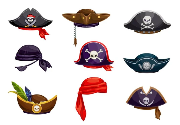 漫画の海賊バンダナとセーラームトリコーンやコック帽セット ベクトルアイコン 海賊Buccanerや陽気なロジャーフラグ セイバーや羽の頭蓋骨や十字架のカーニバルの衣装の帽子 — ストックベクタ