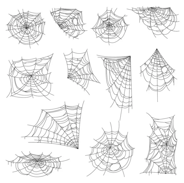 ハロウィーンのWeb クモの巣とクモの巣のセット 孤立ベクトルスパイダーネット ラウンド コーナーと半形状のウェブ カードの装飾を迎えるための不気味な 怖いデザイン要素 昆虫トラップモノクロ装飾 — ストックベクタ