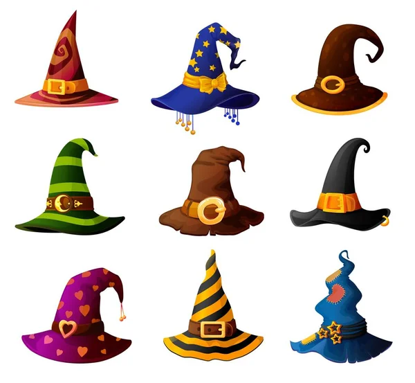 魔術師ウィザードやウォーロック魔術師や魔法使いハロウィンの帽子 ベクトルをマッジします 魔法の魔女 小人やエルフLeprechown ファンタジー妖精の帽子 黄金のバックルとハロウィーンの休日の衣装の漫画の帽子 — ストックベクタ