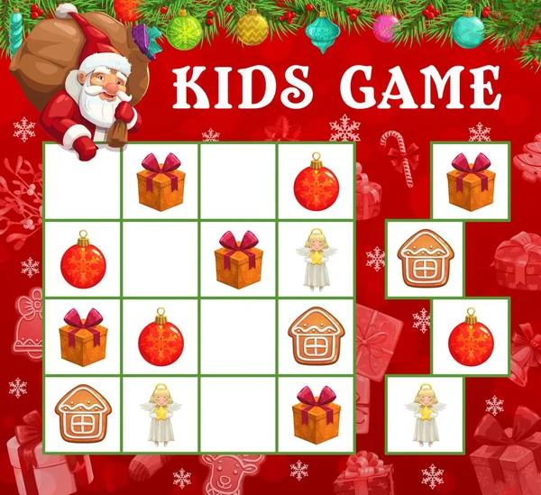 Vánoční Sudoku Nebo Bludiště Hra Vektorem Santa Vánoční Dárky Děti — Stockový vektor