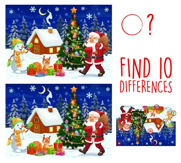 Kids Game Find Ten Differences Vector Cartoon Christmas Characters Santa — Stock Vector