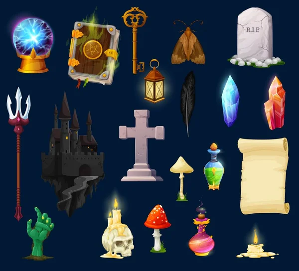 Cartoon Halloween Game Assets Characters Interface Icons Vector Halloween Počítačová — Stockový vektor