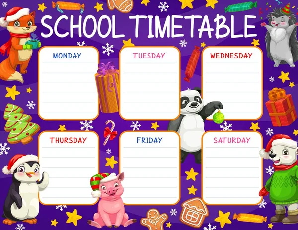 School Timetable Schedule Christmas Gifts Vector Background Frame Week Plan — Stock Vector