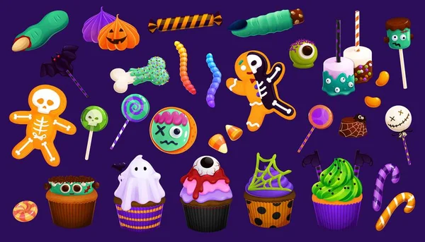 Rajzfilm Halloween Édesség Muffinok Nyalókák Cukorka Kukorica Boszorkány Ujj Sütik — Stock Vector