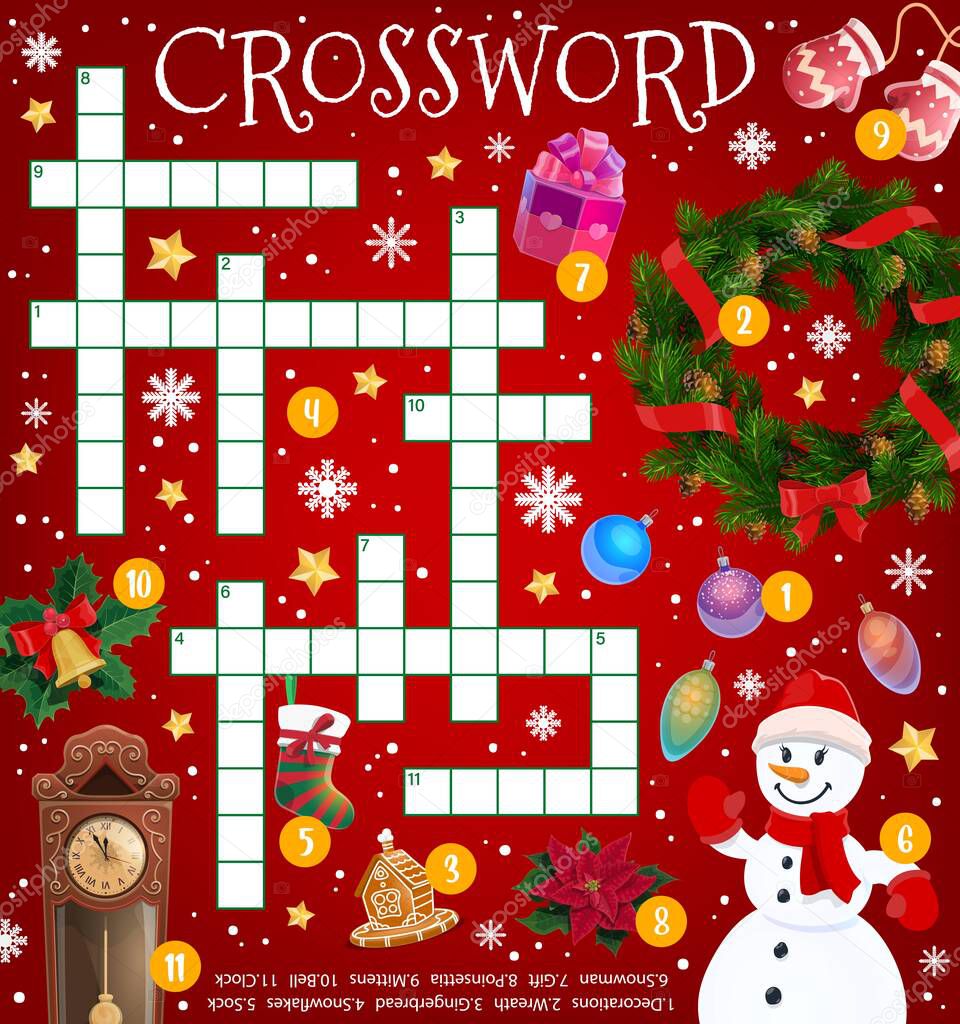 Christmas crossword puzzle game grid, cartoon holiday items and decorations, vector. Find word quiz for kids worksheet riddle with Santa gifts on Christmas tree, winter snow and snowman in mittens