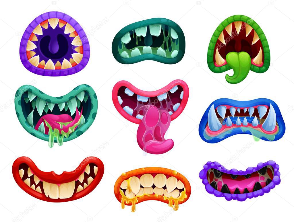 Cartoon Halloween danger monster jaws and mouth with teeth and tongues, vector mask icons. Halloween horror night beast werewolf and vampire monster jaws with scary sharp fangs and saliva tongues