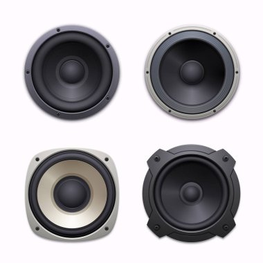 Sound speakers, stereo audio music system icons. Sound system woofers or drivers, 3d realistic vector dynamic loudspeakers with bolted round and square metal frame, rubber or foam ring, diaphragm clipart