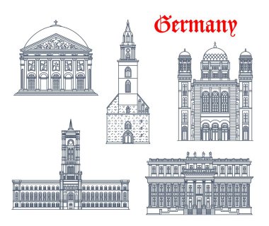 Alman mimarisi, Berlin binaları ve tarihi simgeler, vektör simgeleri. Marienkirche Kilisesi, Rotes Rathaus ve Kronprinzenpalais Sarayı, Saint Hedwig Dom Katedrali ve Berlin Yeni Sinagogu