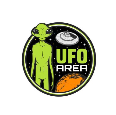 UFO alan simgesi, uzay gezegenli bir uzaylı ve daire, vektör. Dünya dışı Mars yaratığı veya UFO 'lu yeşil uzaylı insanımsı, ET uzay adamı istilacısı ve paranormal adam kaçırma veya SCIFI fantazisi