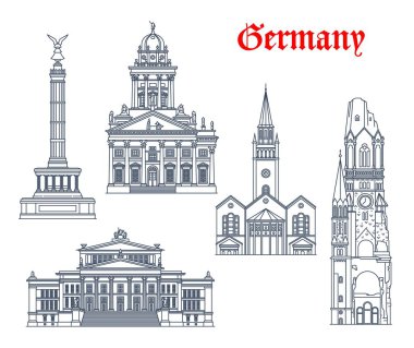 Berlin 'in Alman mimarisi ve tarihi binaları, vektör simgeleri. Almanya 'nın Saint Matthew veya St. Matthaus Kirche Kilisesi, Zafer Zaferi Sütunu, Fransız kahtedral Friedrichstadt' lı Franzosischer Dom