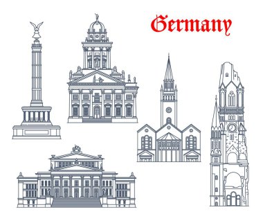 Germany architecture and landmark buildings of Berlin, vector icons. German church of Saint Matthew or St Matthaus Kirche, Victory Triumph Column, French cahtedral Franzosischer Dom of Friedrichstadt clipart