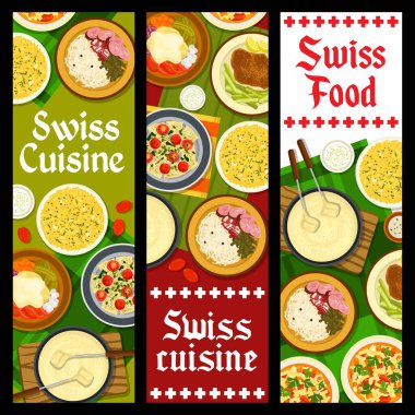 İsviçre lokantası afişleri. Lahana turşulu sosis, patates ve salatalıklı Raclette, sebze çorbası peynirli fondü ve şnitzel, risotto, Fritter Rosti ve pazılı ravioli vektörü.