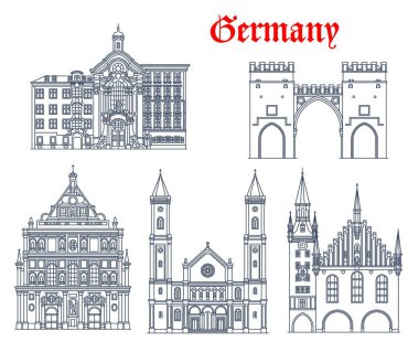 Almanya, Münih mimari binaları ve şehir simgeleri, vektör. Alman St. Ludwig Kirche, Aziz. Michael Cizvit Kilisesi, Karlstor Kapıları veya Neuhauser Tor, Eski Belediye Binası ve Asam Kilisesi veya Asamkirche