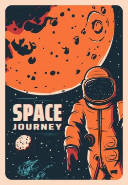 Uzay boşluğunda astronot, Mars gezegeni keşfi ve galaksi macerası, vektör retro posteri. Uzay giysisi içindeki uzay adamı Ay yörüngesindeki uzay mekiğinden galaktik uzay keşif yolculuğuna çıktı.