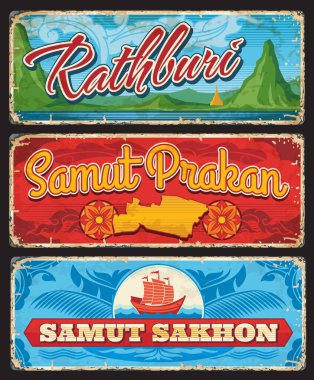 Samut Sakhon, Samut Prakan ve Rathbury, Tayland vilayeti işaretleri. Tayland girişi şarkıları ya da seyahat çıkartmaları ve Tayland simgeleri ve harita etiketli grunge bagaj etiketleri