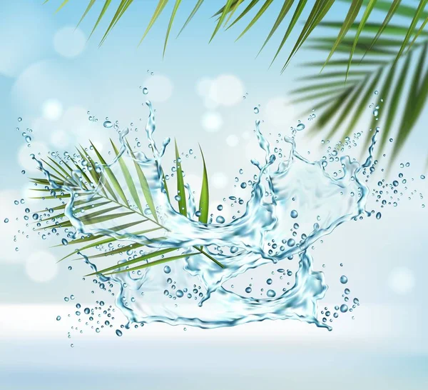 Сплеск Чистої Води Пальмове Листя Фону Рідка Хвиля Вихор Краплями — стоковий вектор