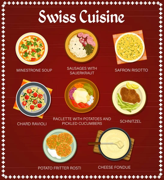 Comida Suíça Restaurante Refeições Modelo Menu Fritter Rosti Salsichas Com — Vetor de Stock