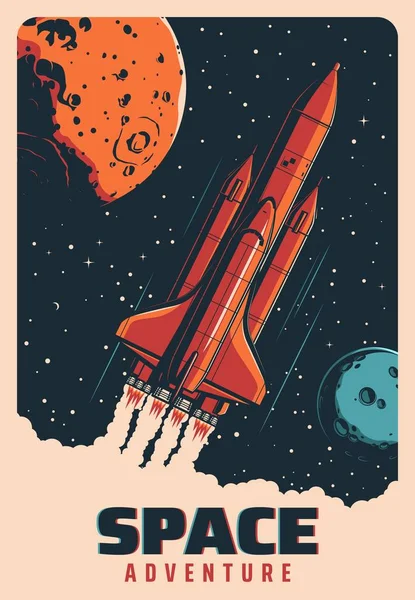 Space Rocket Flight Planets Galaxy Spaceship Shuttle Vector Retro Poster — Stock Vector