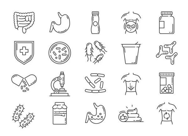 Probiotic Lactobacillus Prebiotic Bacteria Icons Intestines Health Care Digestion Problems — Stock Vector