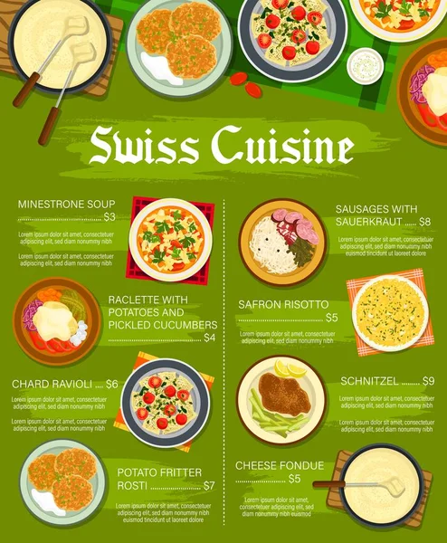 Schweiziska Köket Restaurang Meny Mall Minestrone Soppa Raclette Med Potatis — Stock vektor