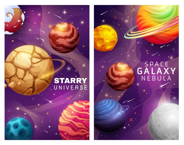 Starry Universe Space Galaxy Nebula Landscape Cartoon Posters Planets Stars — Stock Vector