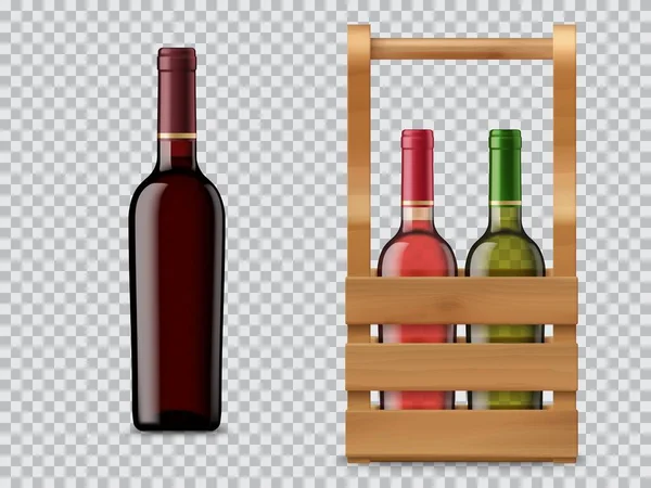 Botella Vino Aislada Caja Caja Madera Cabernet Merlot Chardonnay Vino — Vector de stock