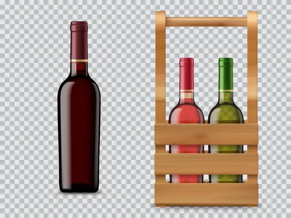 Geïsoleerde Wijnfles Houten Doos Doos Cabernet Merlot Chardonnay Wijn Blanco — Stockvector