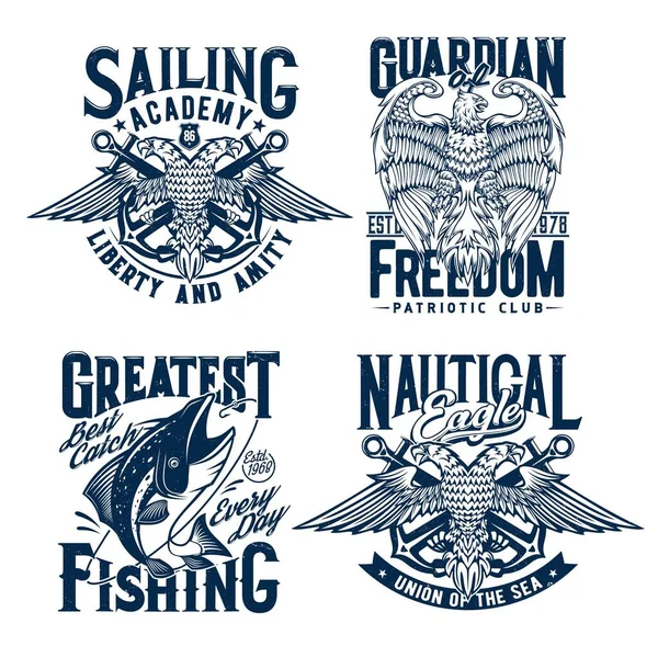 マグロの魚と2頭のワシとアンカー 釣りのための海事ベクトルマスコット 愛国クラブと海事アカデミーの衣料品をプリントします Tシャツグランジはタイポグラフィ分離ラベルセットでエンブレム — ストックベクタ