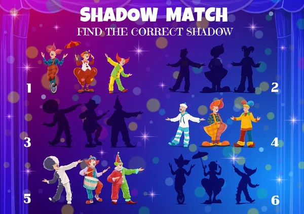 Kinderen Schaduwwedstrijd Spel Circus Clowns Zoek Een Correct Silhouet Tafelblad — Stockvector