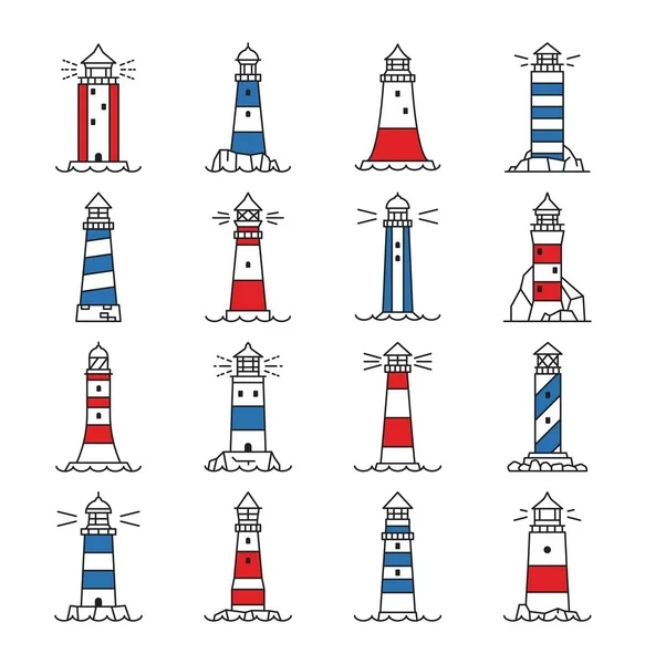 灯塔和灯塔建筑图标 海滨岩石 港口海岸或港口细线矢量符号 海上旅行和海上安全轮廓图标上的灯塔被剥离 — 图库矢量图片