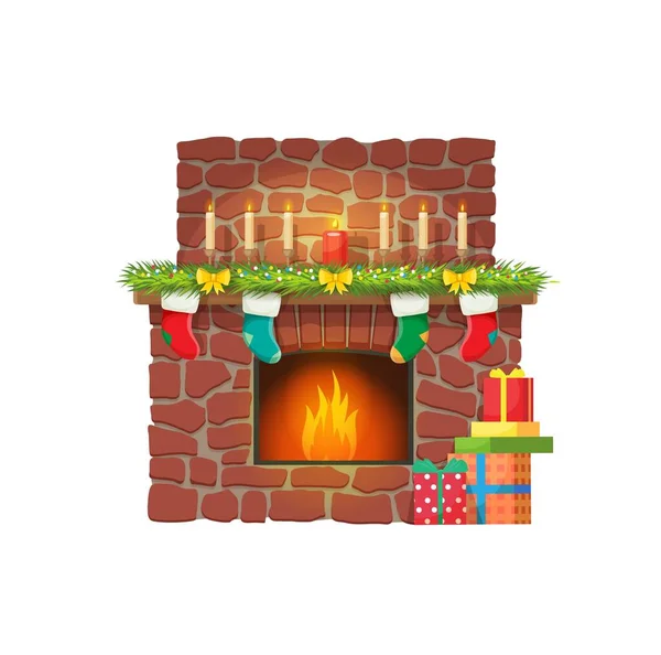 圣诞壁炉里有蜡烛和圣诞礼物袜子病媒圣诞佳节快乐 过年快乐 有烟囱 蜡烛和长袜的过冬壁炉 — 图库矢量图片