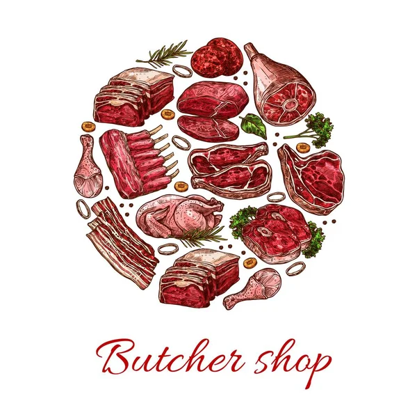 Croquis Viande Porc Bœuf Agneau Poulet Aliments Vecteurs Boucherie Steak — Image vectorielle