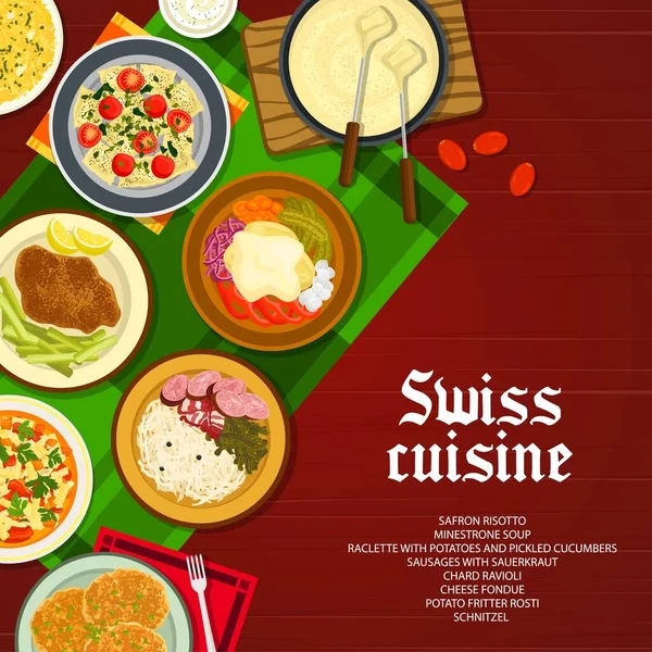 Sviçre Mutfağı Menü Kapağı Peynirli Fondü Şnitzel Safran Risotto Sebze — Stok Vektör