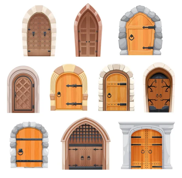 金属と木製の中世のドアや門 石のアーチ型のドアジャム 鍛造装飾やリングノブと漫画のベクトルデザインを入力します おとぎ話の宮殿 要塞の建物の外観要素セット — ストックベクタ
