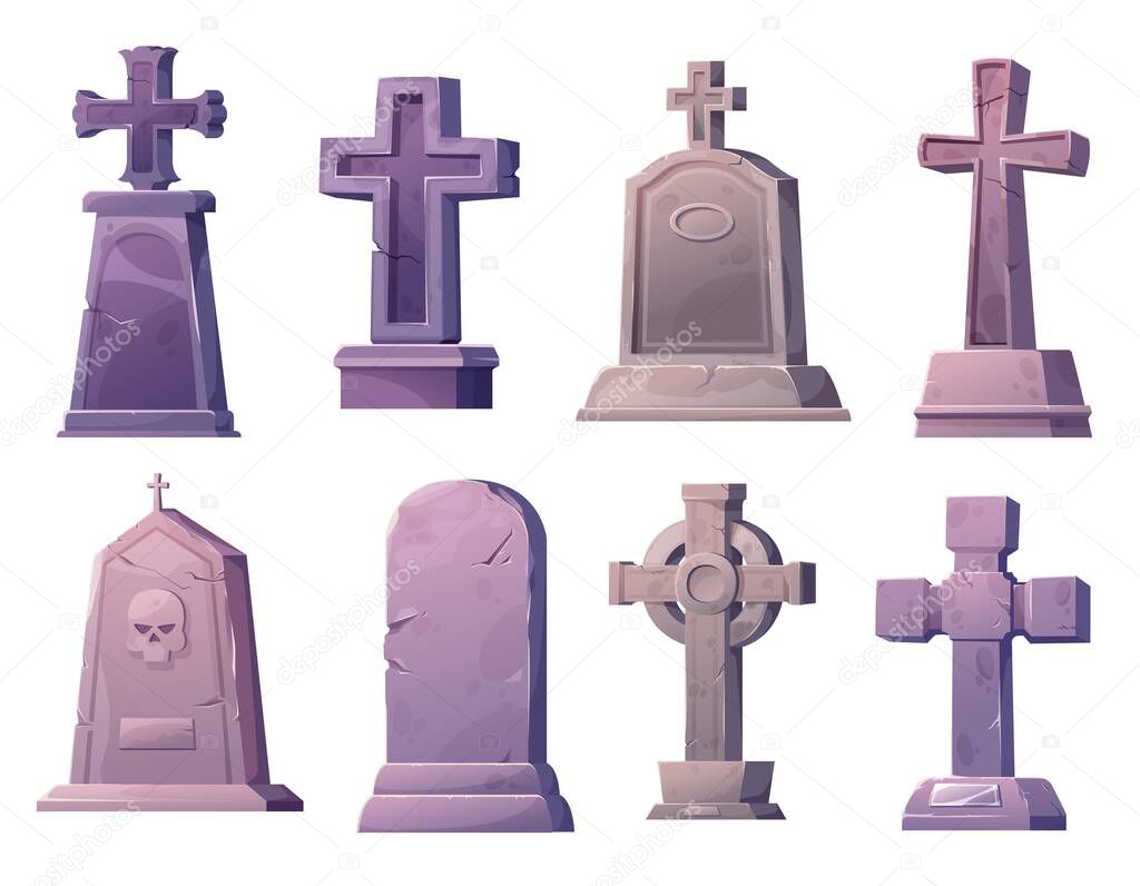 Cartoon stone grave crosses and gravestones. Graveyard crosses and scary tombstones, cemetery vector gothic gravestones with human skull, plate and cracks, celtic ringed high cross on pedestal