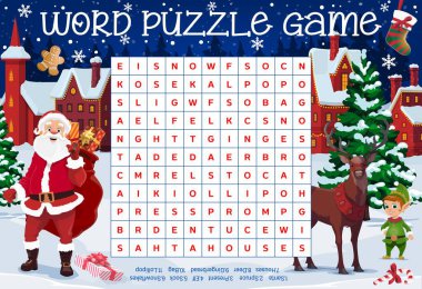 Merry christmas word puzzle worksheet with Santa and reindeer, elf and gingerbread man, little town buildings. Kids quiz or riddle game, educational game, crossword with Christmas cartoon characters clipart
