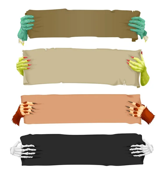 Cartoon Mãos Assustadoras Com Bandeiras Pergaminhos Vampiro Lobisomem Esqueleto Zumbi —  Vetores de Stock