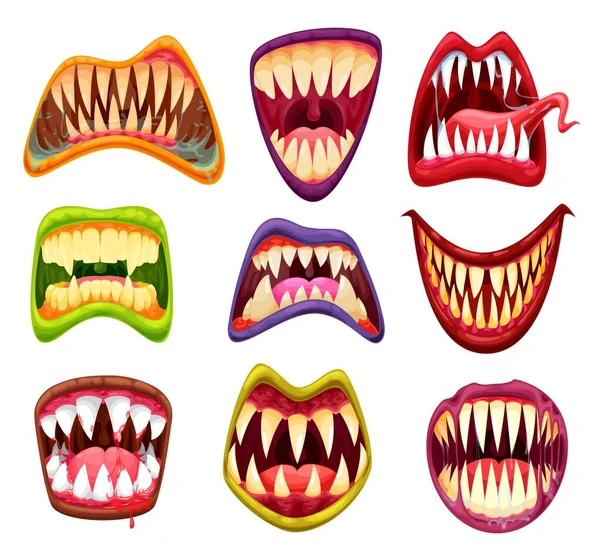 Monster Mouths Jaws Cartoon Teeth Tongues Vector Scary Halloween Faces — Stock Vector