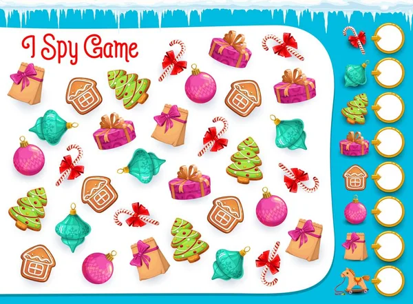 Spioneer Educatief Spel Voor Kinderen Met Kerstsnoep Items Vectorpuzzel Wiskundewerkblad — Stockvector