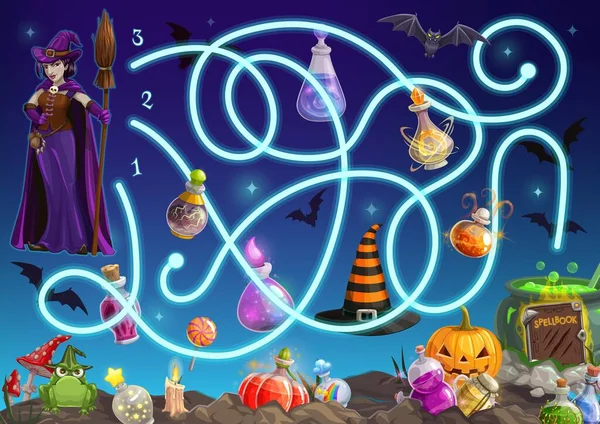 Bludiště Hra Halloween Puzzle Labyrint Děti Karikatura Zábava Hra Vektor — Stockový vektor