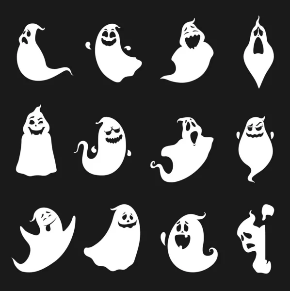 Funny Cute Scary Halloween Ghosts White Silhouettes Vector Spooky Spirits — Stock Vector