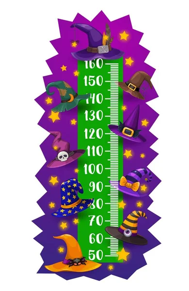 Barn Höjd Diagram Halloween Häxa Och Trollkarl Hattar Vektor Tillväxtmätare — Stock vektor