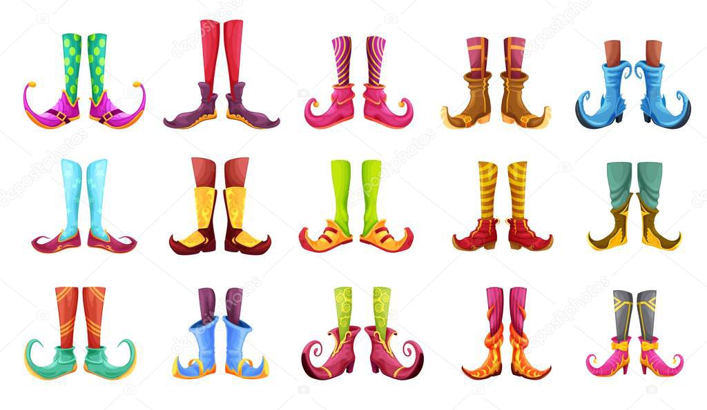 Cartoon legs of gnome, elf, wiz, magician, warlock, wizard and sorcerer. Cute vector feet in colorful stoking and nosy boots. Witch, Santa helper or leprechaun legs in funny shoes isolated cartoon set