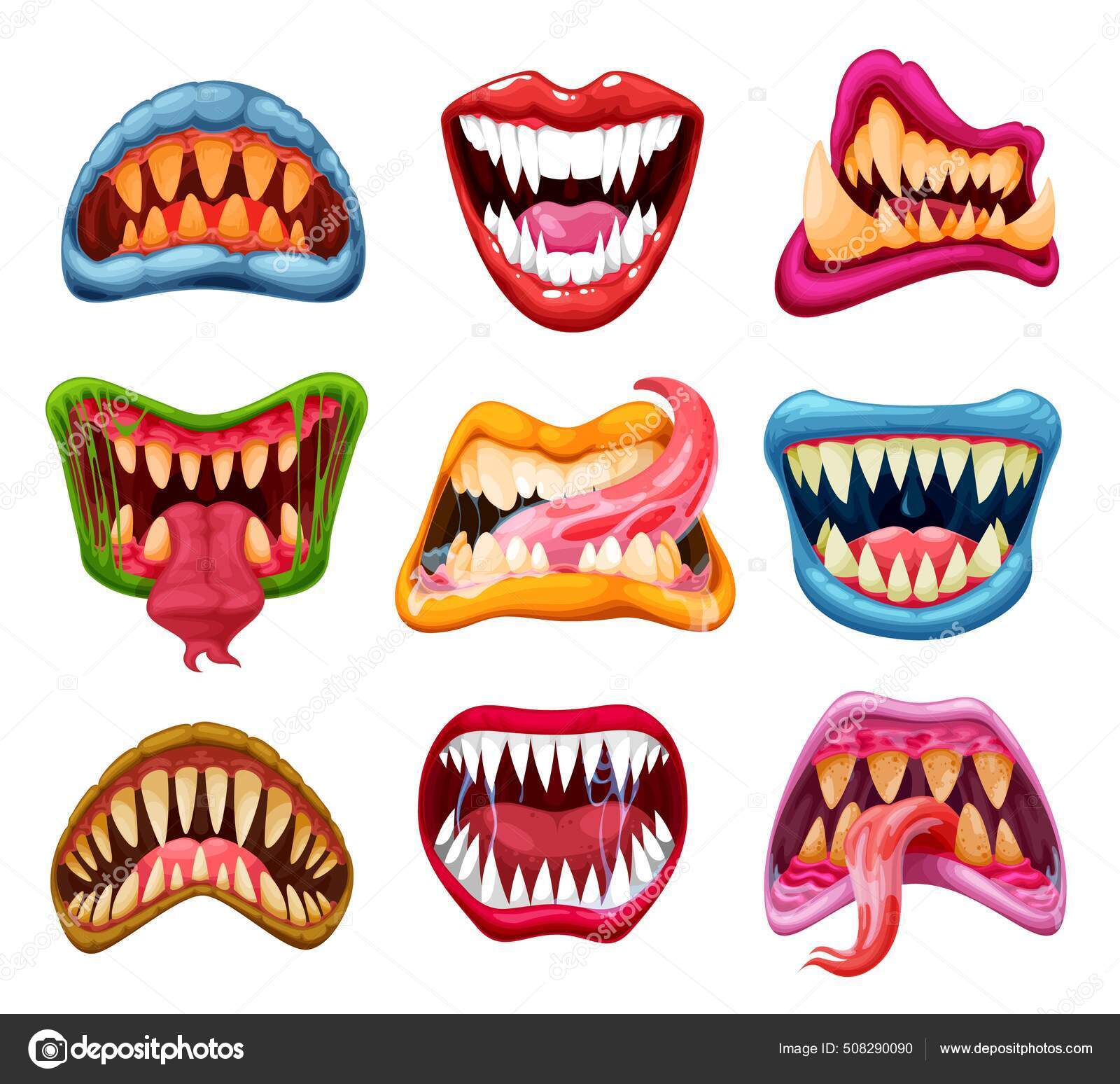 Monstro Mandíbulas Boca Língua Dentes Assustador Mal Sorriso Vetor Desenho  imagem vetorial de Seamartini© 475377198