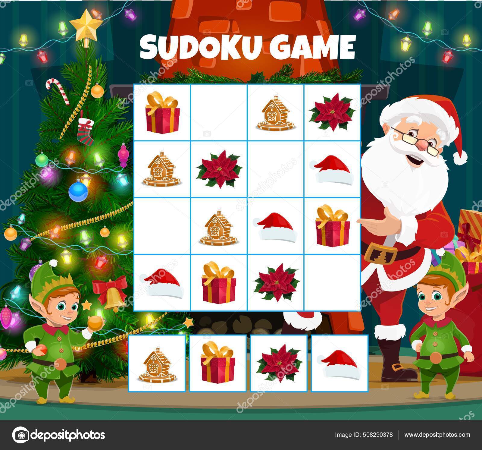 Jogo de sudoku para crianças com fotos. feliz natal e feliz ano novo