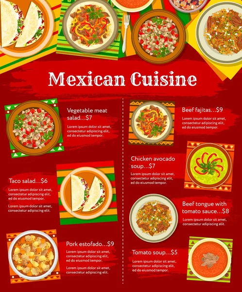 Menú Cocina Mexicana Platos Para Almuerzo Cena Cartel Del Restaurante — Vector de stock