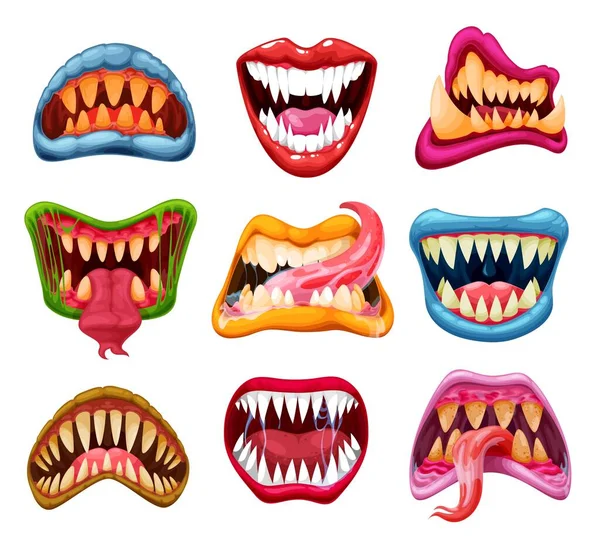 Monster Jaws Mouths Cartoon Teeth Tongues Vector Halloween Monster Vampire — Stock Vector